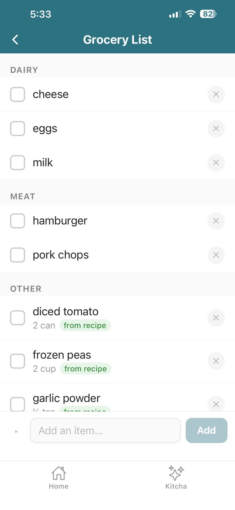 Kitcha Grocery List β sorted by aisle